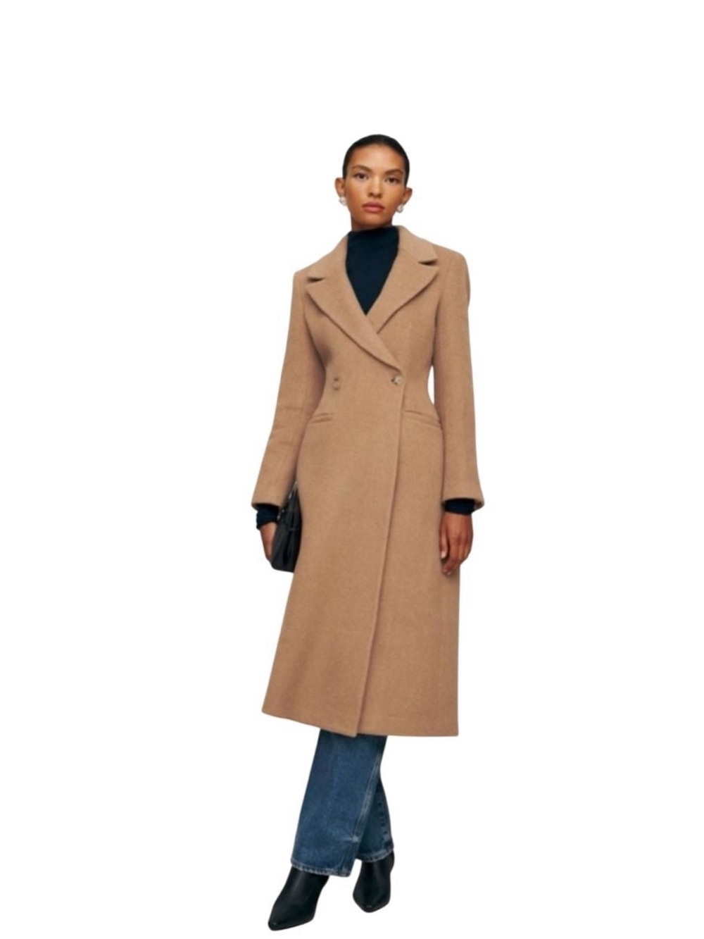 Reformation Oscar waist nipped Camel Double-Breasted Long Wool Trench Coat